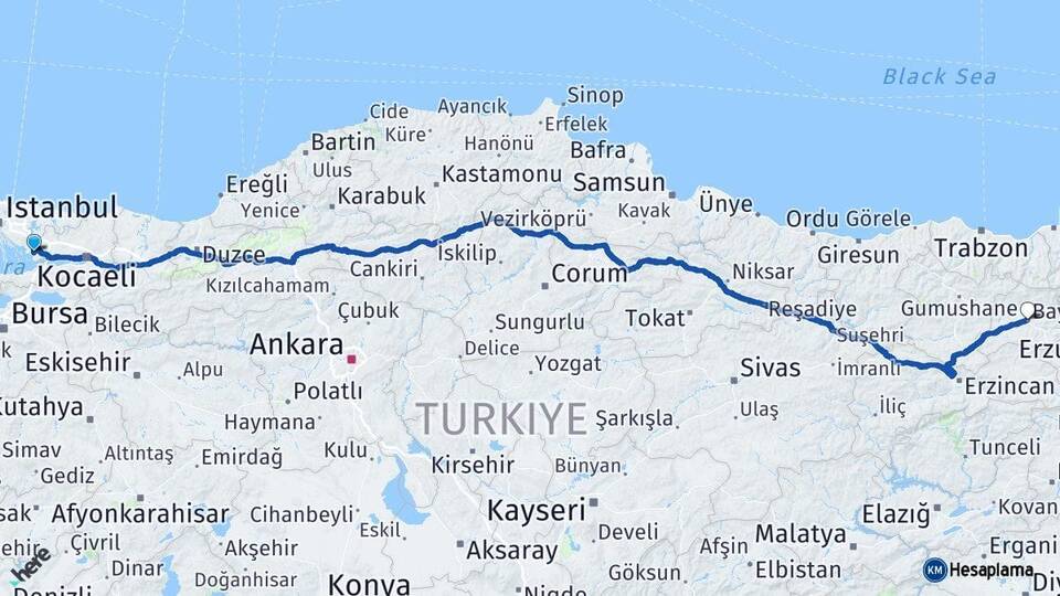 Kocaeli Çayırova Bayburt Arası Kaç Km - Yol Haritası