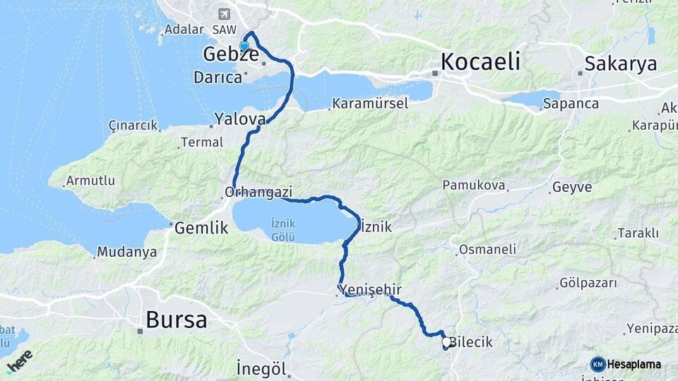 Kocaeli Çayırova Bilecik Arası Kaç Km - Yol Haritası