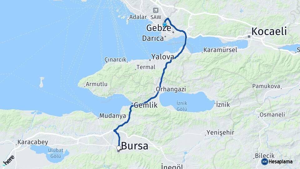 Kocaeli Çayırova Bursa Arası Kaç Km - Yol Haritası
