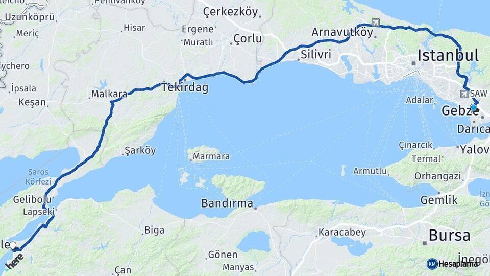 Kocaeli Çayırova Çanakkale Arası Kaç Km - Yol Haritası