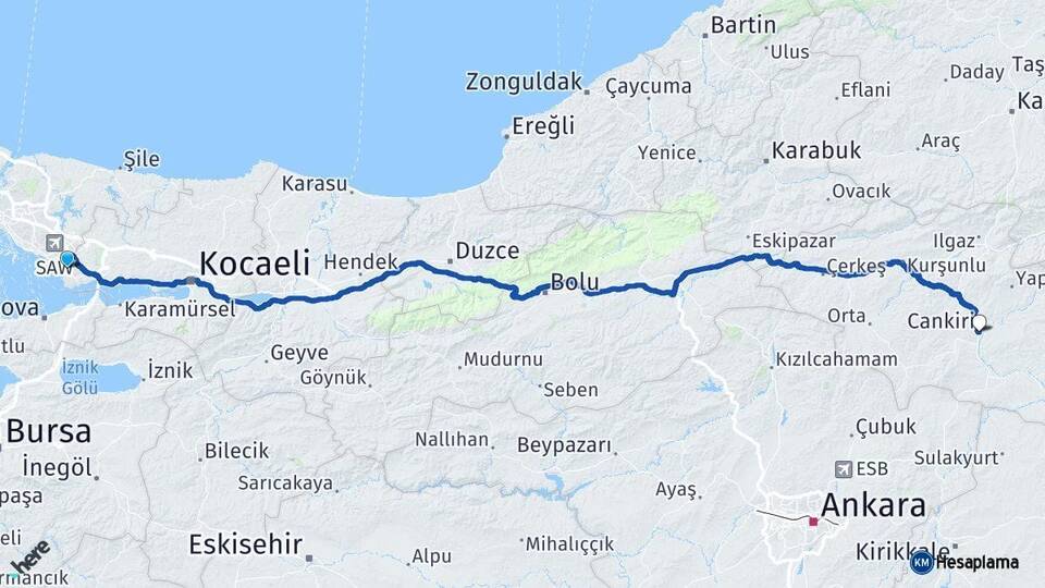 Kocaeli Çayırova Çankırı Arası Kaç Km - Yol Haritası