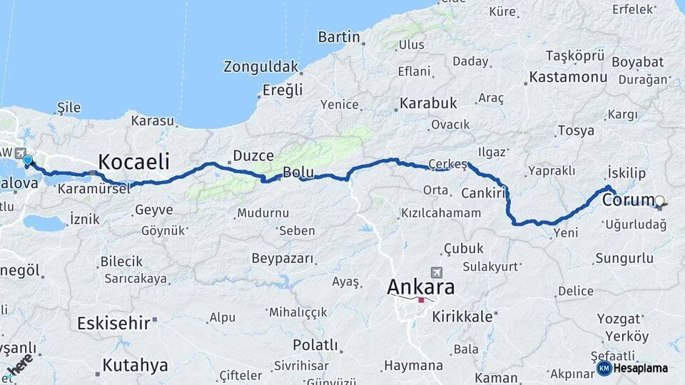 Kocaeli Çayırova Çorum Arası Kaç Km - Yol Haritası
