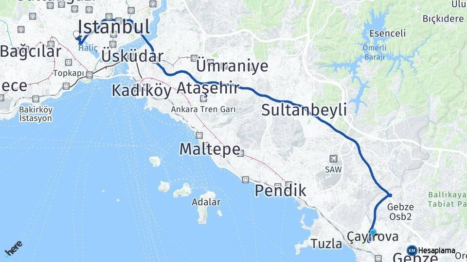 Kocaeli Çayırova Eyüpsultan İstanbul Arası Kaç Km - Yol Haritası
