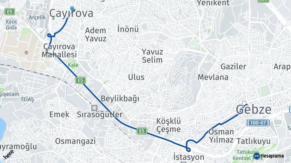 Kocaeli Çayırova Gebze Arası Kaç Km - Yol Haritası