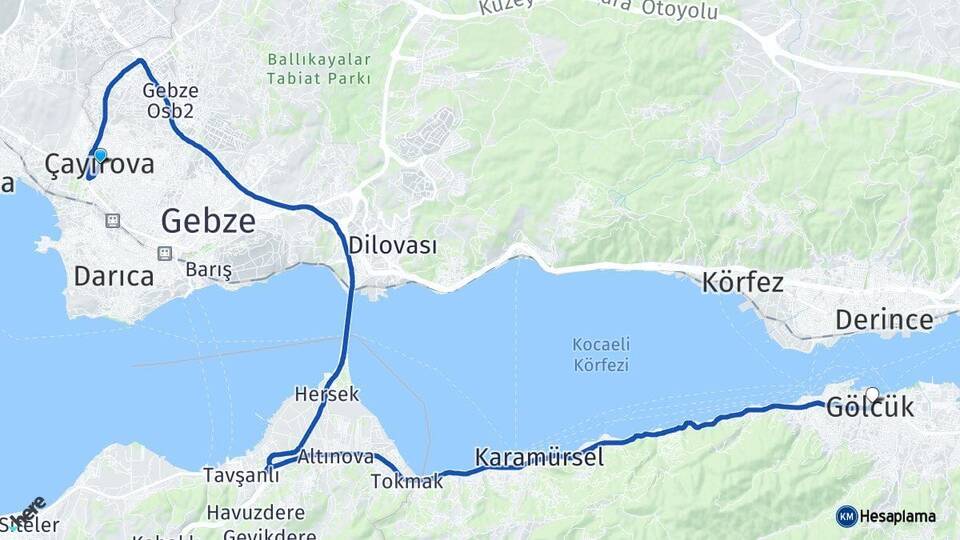 Kocaeli Çayırova Gölcük Arası Kaç Km - Yol Haritası
