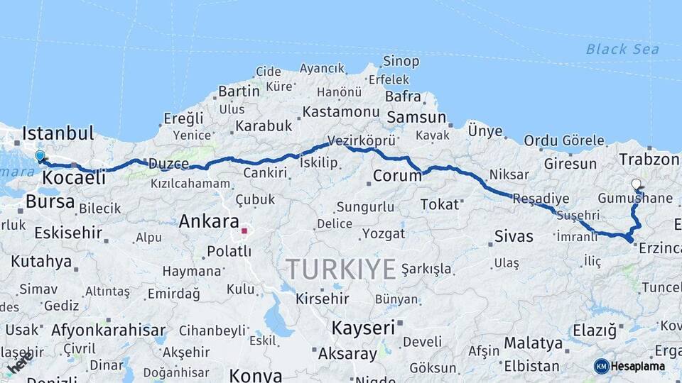 Kocaeli Çayırova Gümüşhane Arası Kaç Km - Yol Haritası