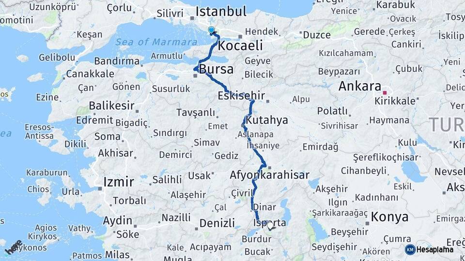 Kocaeli Çayırova Isparta Arası Kaç Km - Yol Haritası