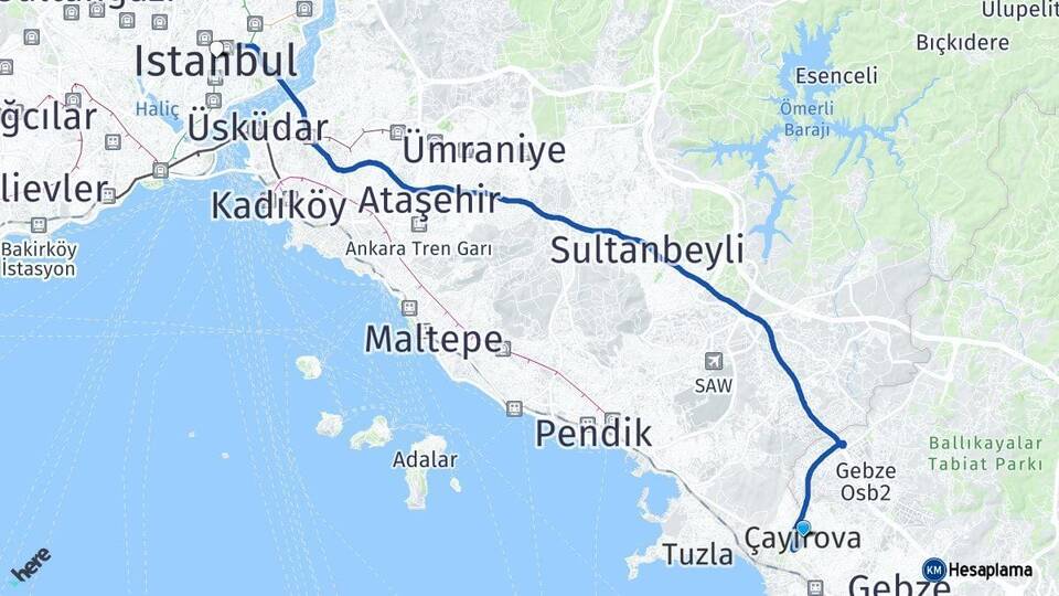 Kocaeli Çayırova İstanbul Arası Kaç Km - Yol Haritası