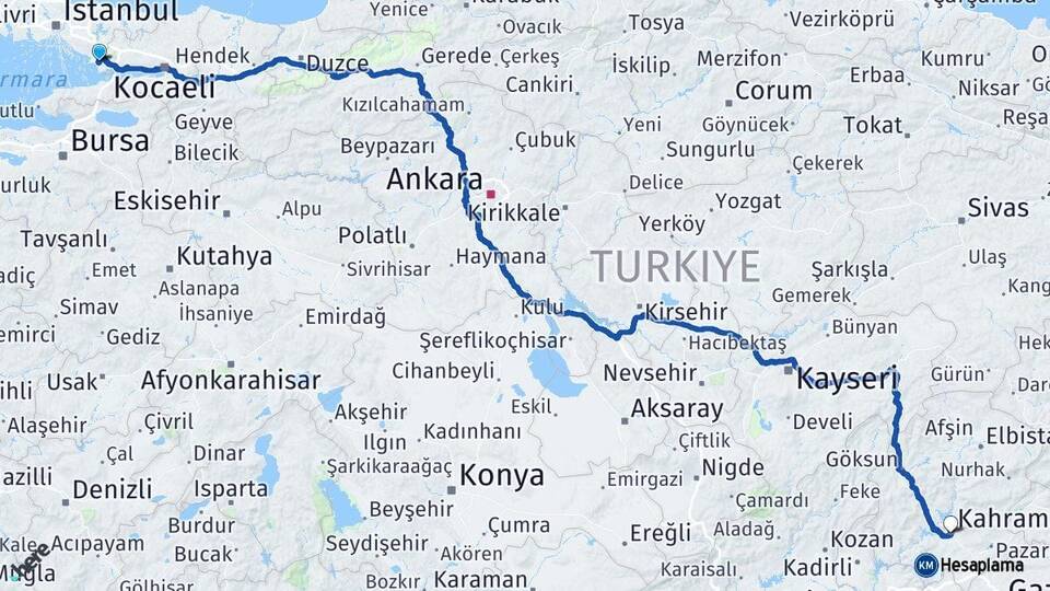 Kocaeli Çayırova Kahramanmaraş Arası Kaç Km - Yol Haritası