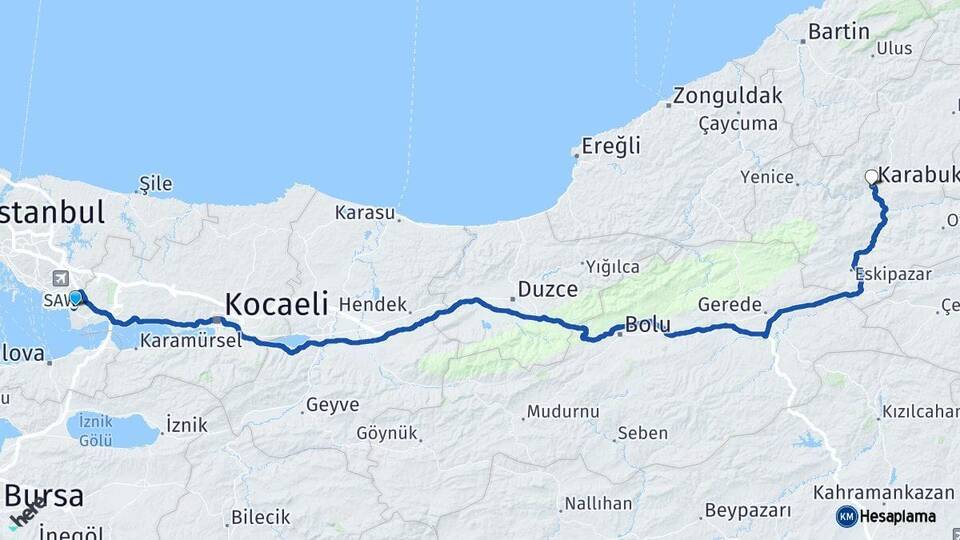 Kocaeli Çayırova Karabük Arası Kaç Km - Yol Haritası