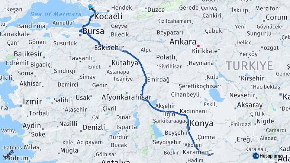 Kocaeli Çayırova Karaman Arası Kaç Km - Yol Haritası