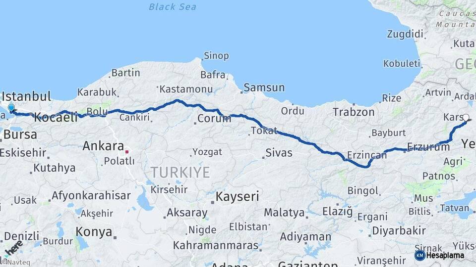 Kocaeli Çayırova Kars Arası Kaç Km - Yol Haritası