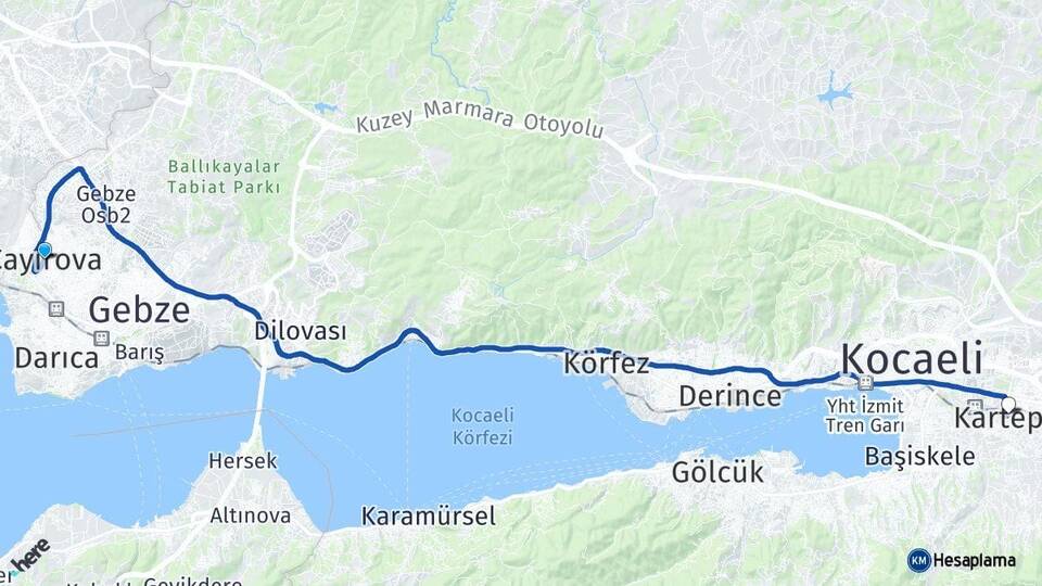 Kocaeli Çayırova Kartepe Arası Kaç Km - Yol Haritası