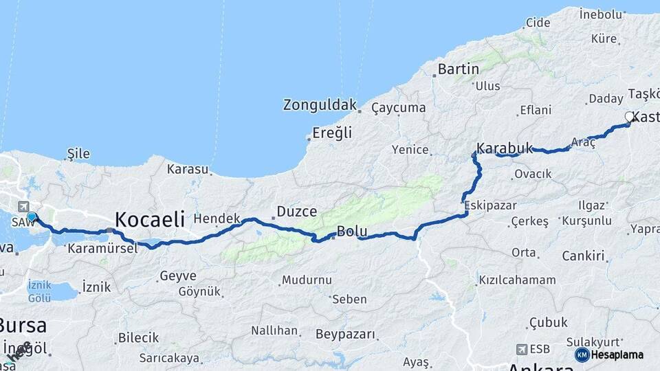 Kocaeli Çayırova Kastamonu Arası Kaç Km - Yol Haritası