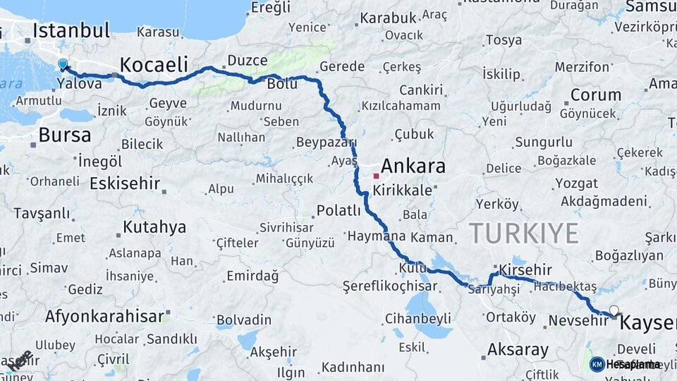Kocaeli Çayırova Kayseri Arası Kaç Km - Yol Haritası