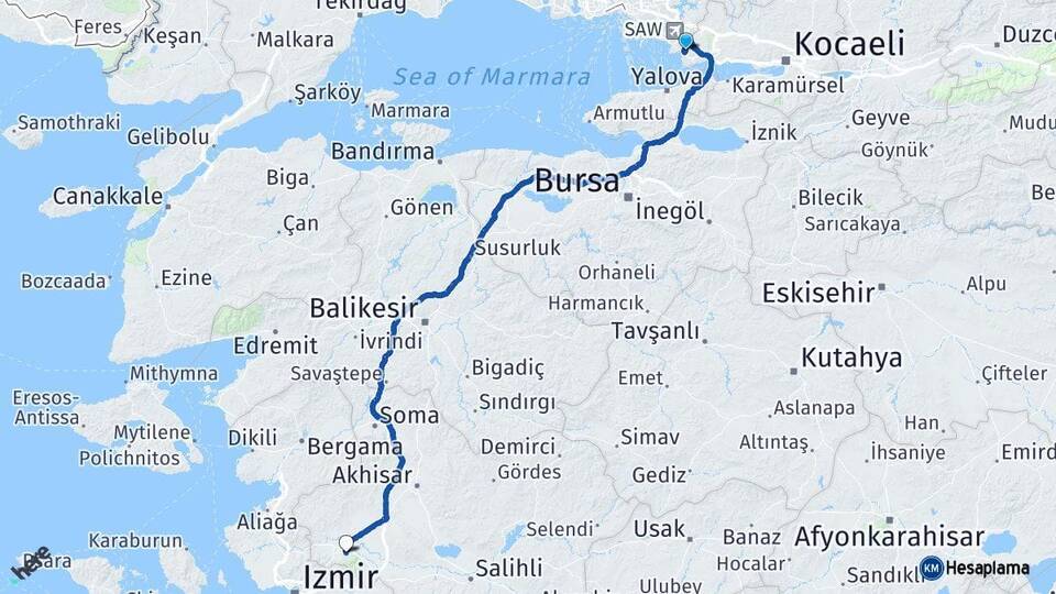 Kocaeli Çayırova Manisa Arası Kaç Km - Yol Haritası