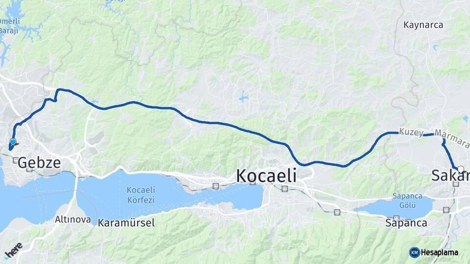 Kocaeli Çayırova Sakarya Arası Kaç Km - Yol Haritası