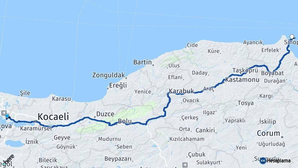 Kocaeli Çayırova Sinop Arası Kaç Km - Yol Haritası