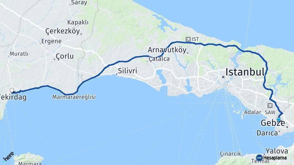 Kocaeli Çayırova Tekirdağ Arası Kaç Km - Yol Haritası