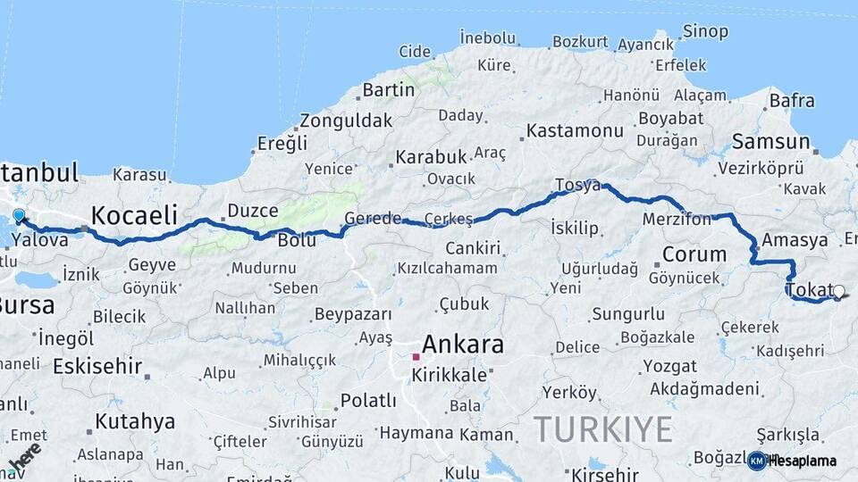 Kocaeli Çayırova Tokat Arası Kaç Km - Yol Haritası