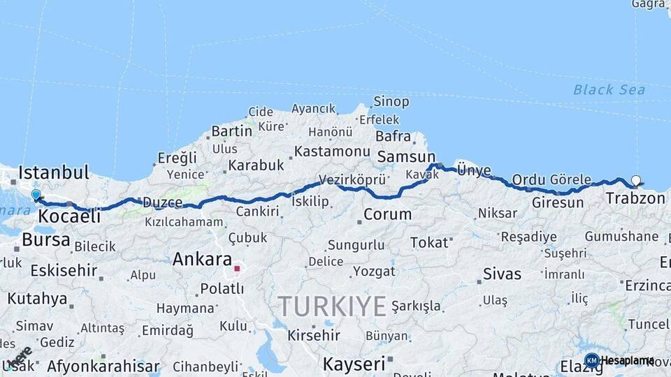 Kocaeli Çayırova Trabzon Arası Kaç Km - Yol Haritası
