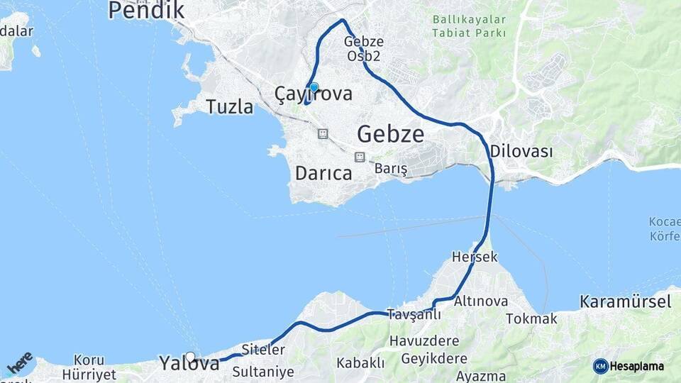 Kocaeli Çayırova Yalova Arası Kaç Km - Yol Haritası