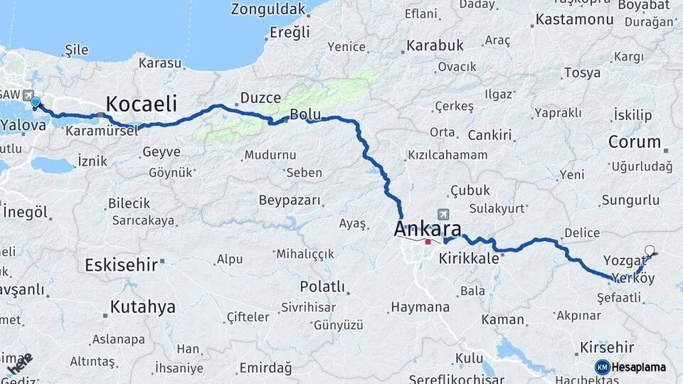 Kocaeli Çayırova Yozgat Arası Kaç Km - Yol Haritası