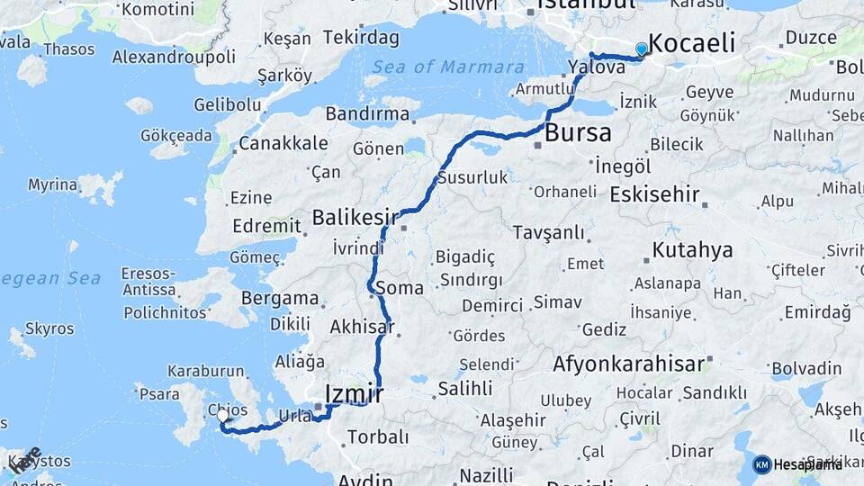 Kocaeli Çeşme İzmir Arası Kaç Km - Yol Haritası