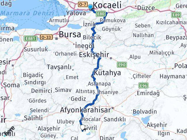 Kocaeli Çivril Denizli Arası Kaç Km - Yol Haritası