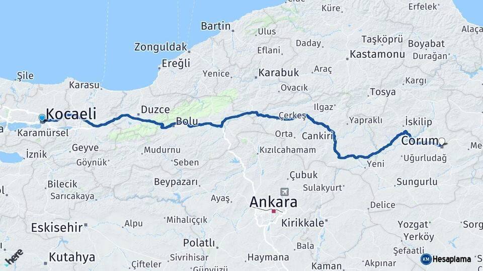 Kocaeli Çorum Arası Kaç Km - Yol Haritası