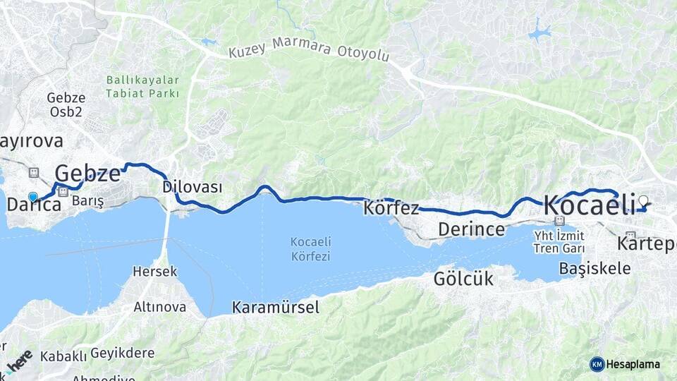 Kocaeli Darıca Alikahya İzmit Arası Kaç Km - Yol Haritası