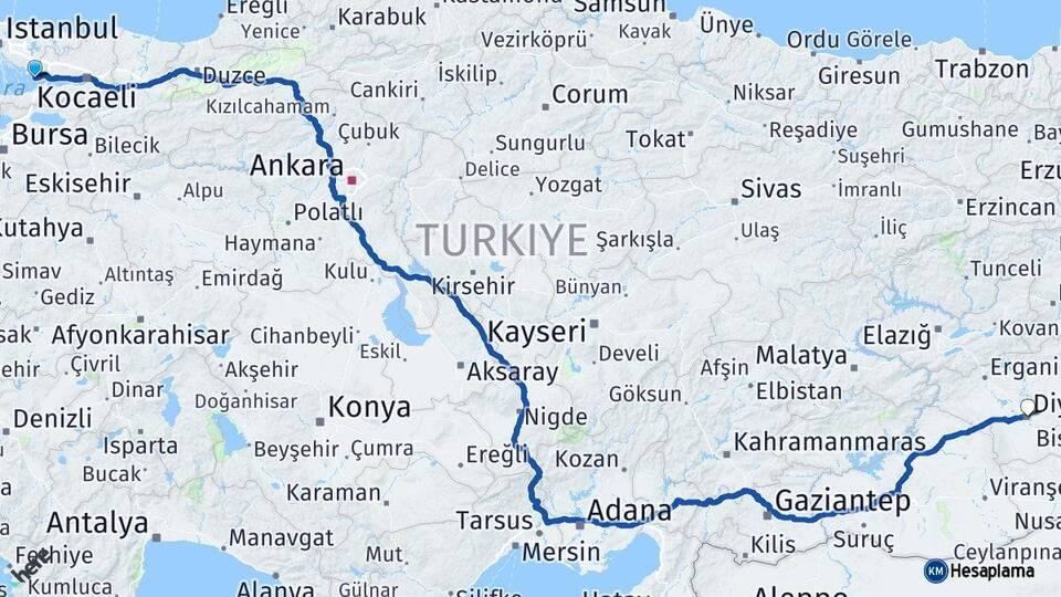 Kocaeli Darıca Diyarbakır Arası Kaç Km - Yol Haritası