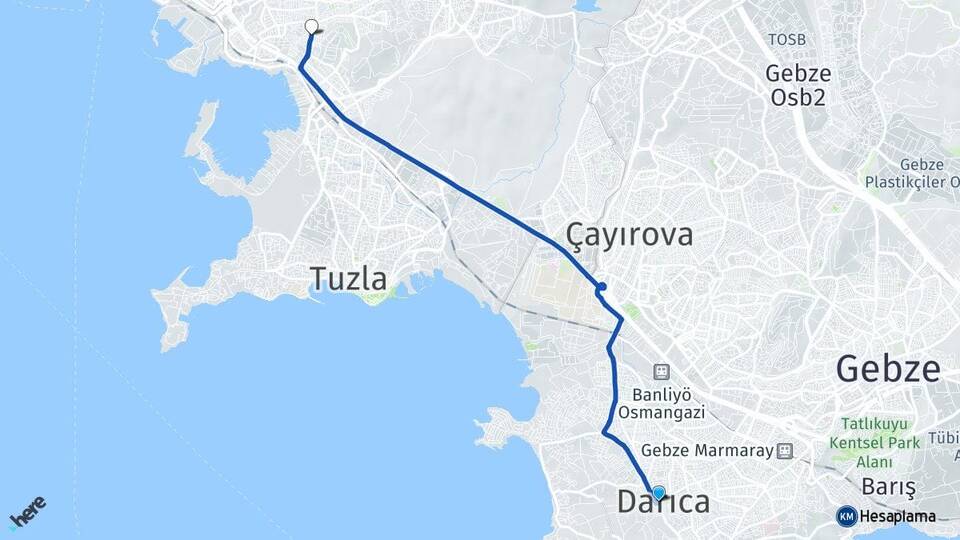 Kocaeli Darıca Esenyalı Pendik İstanbul Arası Kaç Km - Yol Haritası