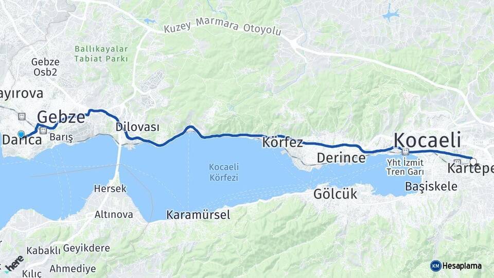 Kocaeli Darıca Kartepe Arası Kaç Km - Yol Haritası