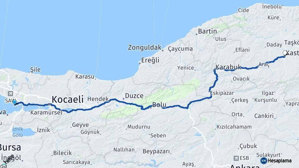 Kocaeli Darıca Kastamonu Arası Kaç Km - Yol Haritası