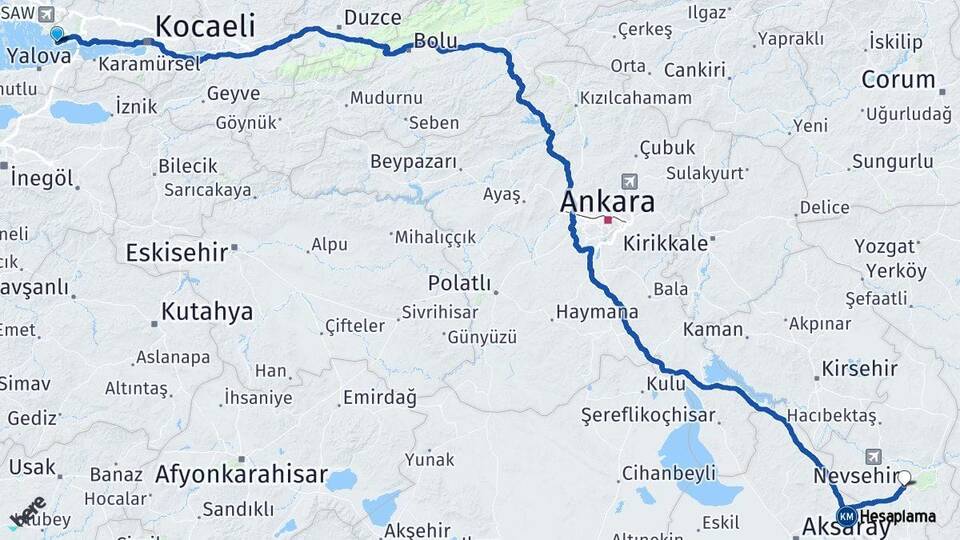 Kocaeli Darıca Nevşehir Arası Kaç Km - Yol Haritası