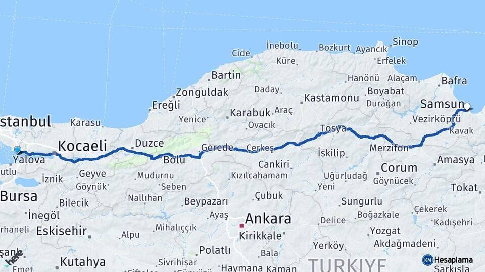 Kocaeli Darıca Samsun Arası Kaç Km - Yol Haritası
