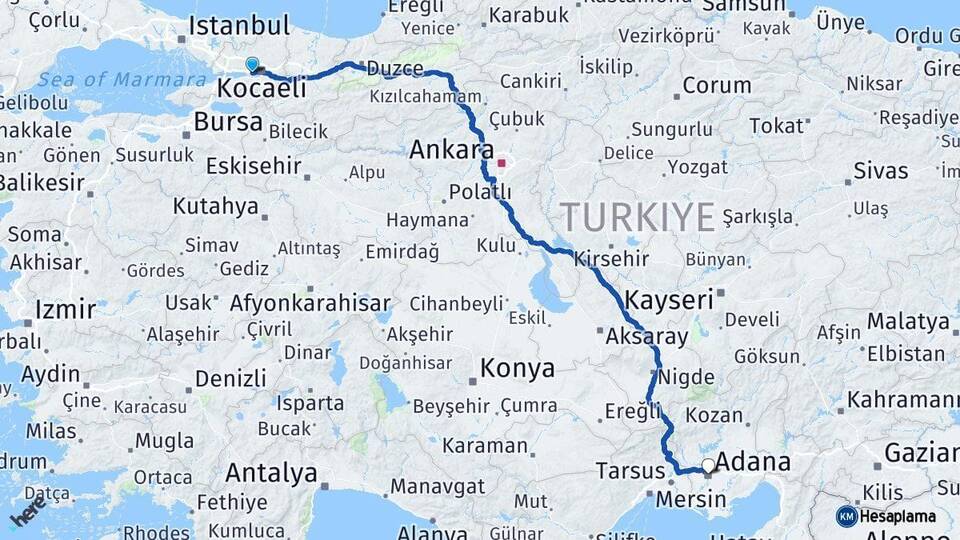 Kocaeli Derince Adana Arası Kaç Km - Yol Haritası
