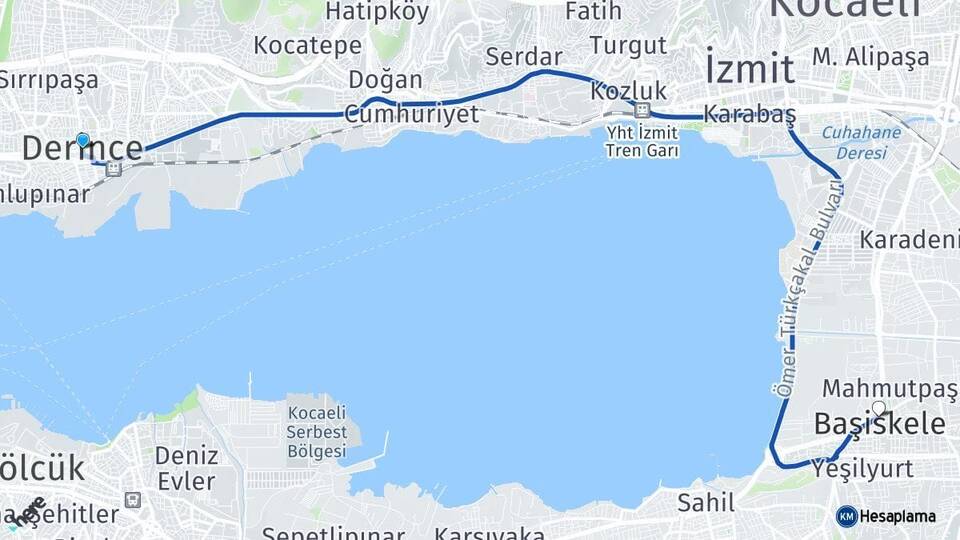 Kocaeli Derince Başiskele Arası Kaç Km - Yol Haritası