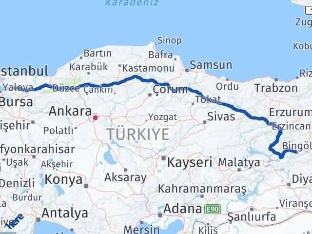 Kocaeli Derince Bingöl Arası Kaç Km - Yol Haritası