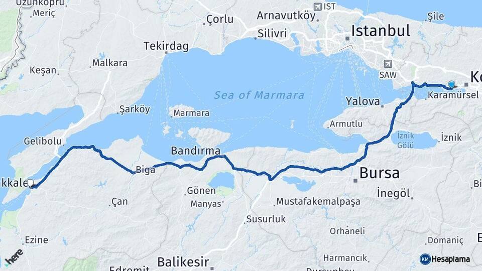 Kocaeli Derince Çanakkale Arası Kaç Km - Yol Haritası