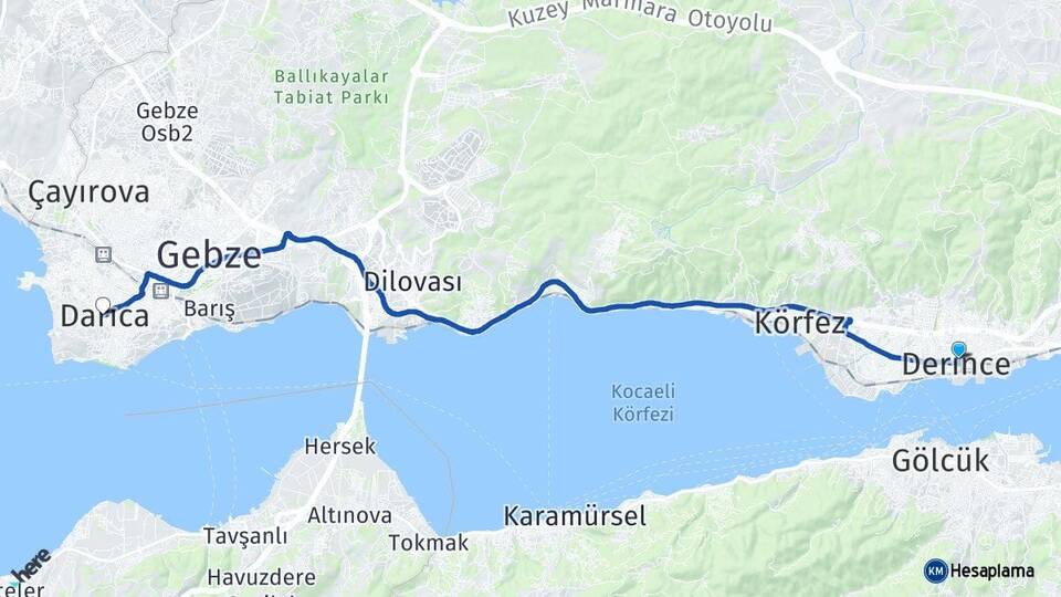 Kocaeli Derince Darıca Arası Kaç Km - Yol Haritası