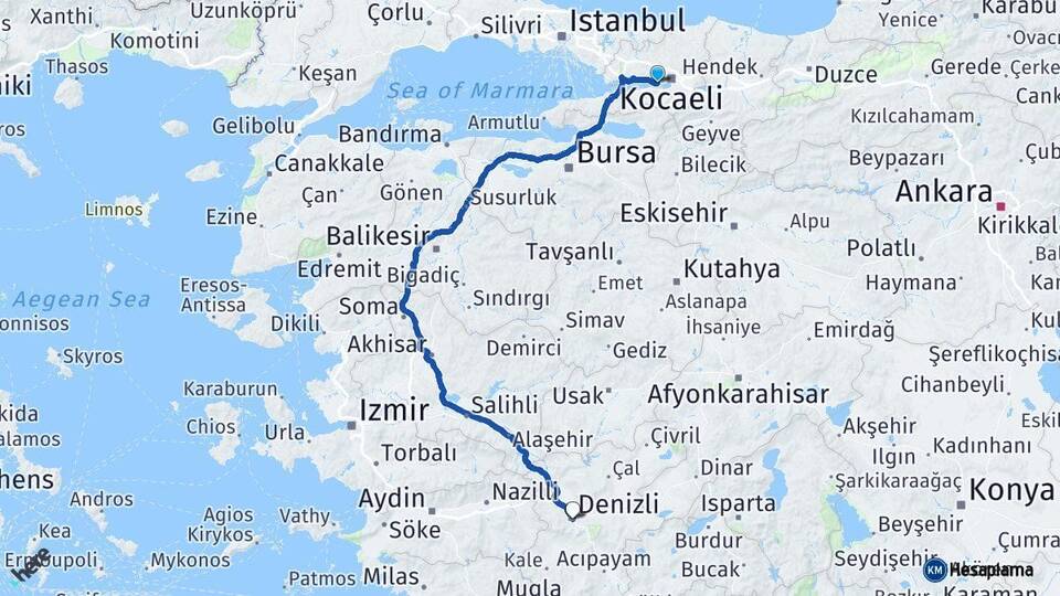 Kocaeli Derince Denizli Arası Kaç Km - Yol Haritası