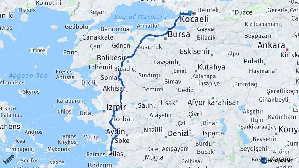Kocaeli Derince Didim Aydın Arası Kaç Km - Yol Haritası