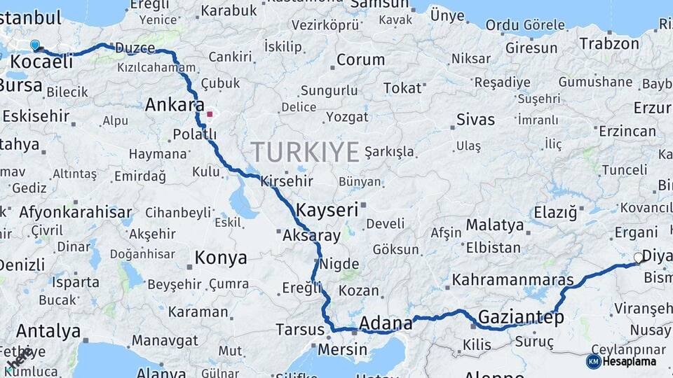 Kocaeli Derince Diyarbakır Arası Kaç Km - Yol Haritası