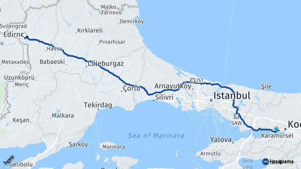 Kocaeli Derince Edirne Arası Kaç Km - Yol Haritası