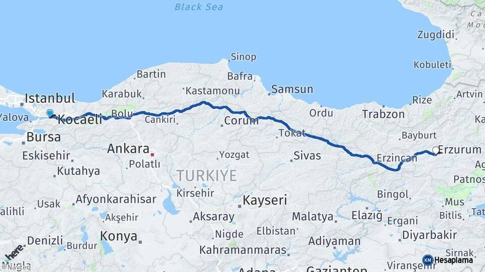 Kocaeli Derince Erzurum Arası Kaç Km - Yol Haritası