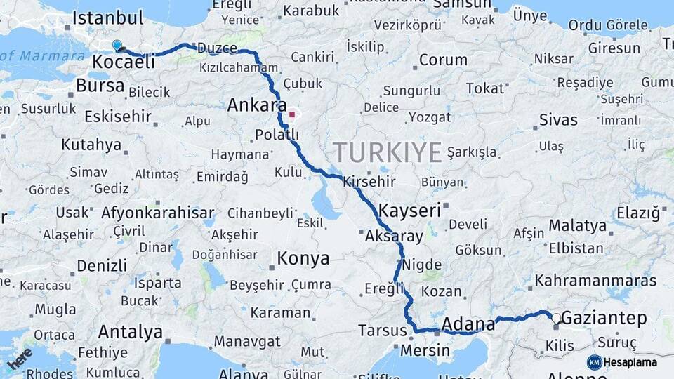 Kocaeli Derince Gaziantep Arası Kaç Km - Yol Haritası