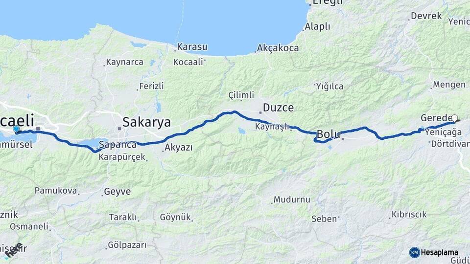 Kocaeli Derince Gerede Bolu Arası Kaç Km - Yol Haritası
