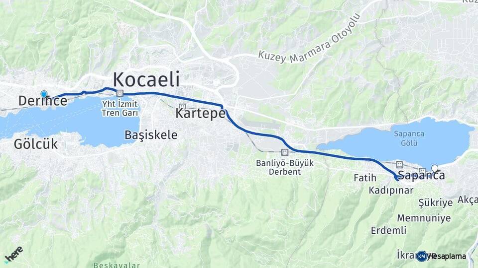 Kocaeli Derince Göl Sapanca Sakarya Arası Kaç Km - Yol Haritası